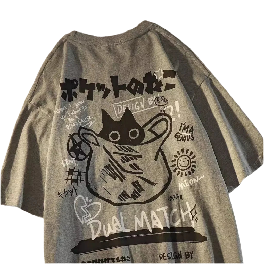 RETRO POCKET CAT CARTOON OVERSIZED T-SHIRTS.